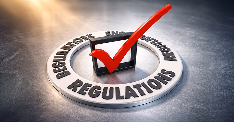 3D illustration of a red checkmark inside a box, surrounded by a circular ring