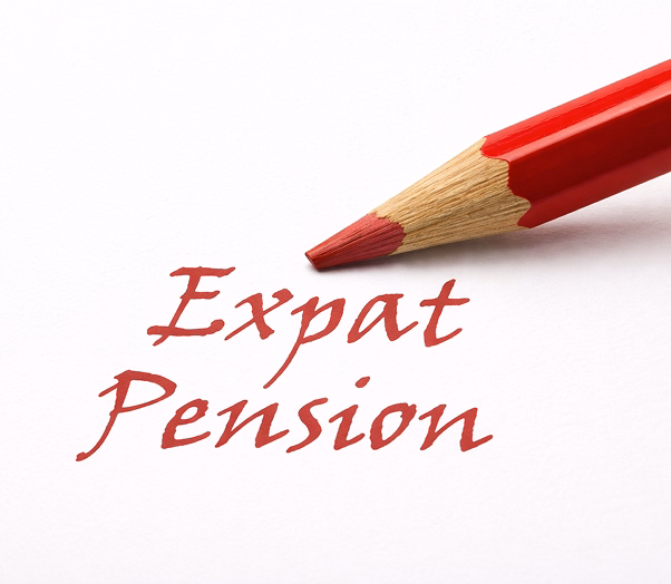 Red pencil writing the words ‘Expat Pension’ on a white background