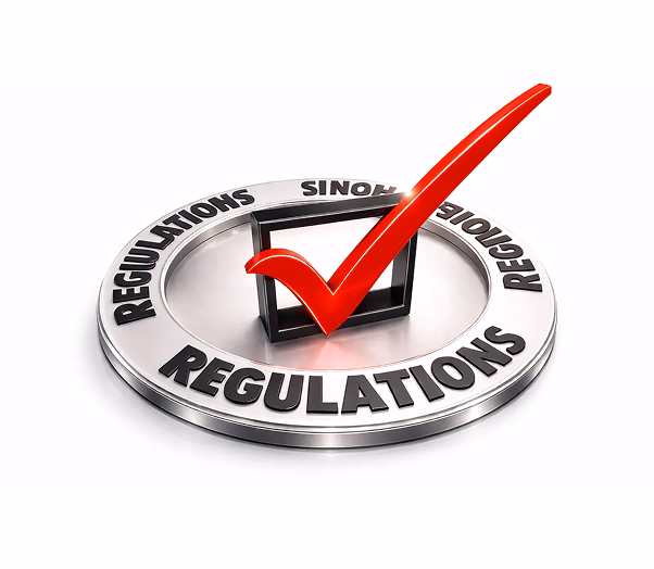 3D illustration of a red checkmark inside a box surrounded by the word regulations on a white background