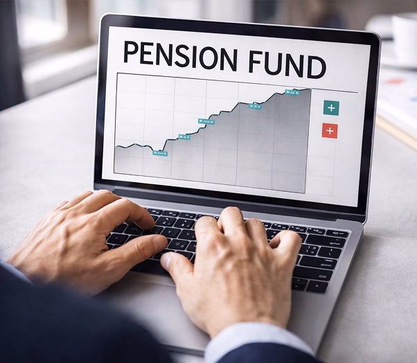 Laptop showing pension fund performance chart and growth indicators
