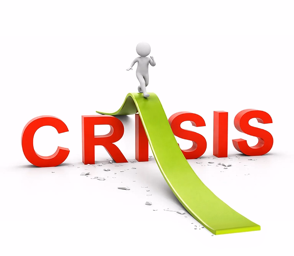Figure rising above the word crisis on an upward path symbolizing financial recovery