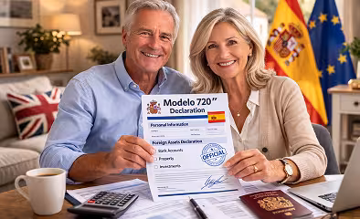 British senior couple smiling while holding a Modelo 720 declaration form in a home office