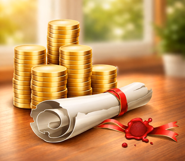 Gold coins and a sealed will on a table.