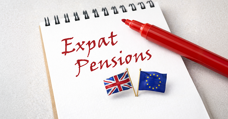 Expat pensions with flags and red marker