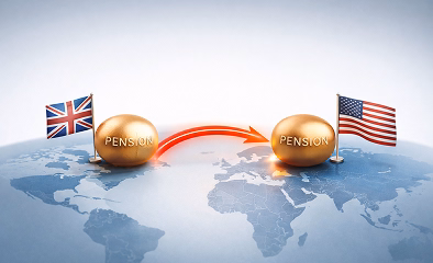 Golden pension nest egg being transferred from the United Kingdom to the United States across a world map, with UK and US flags symbolising international pension transfer.