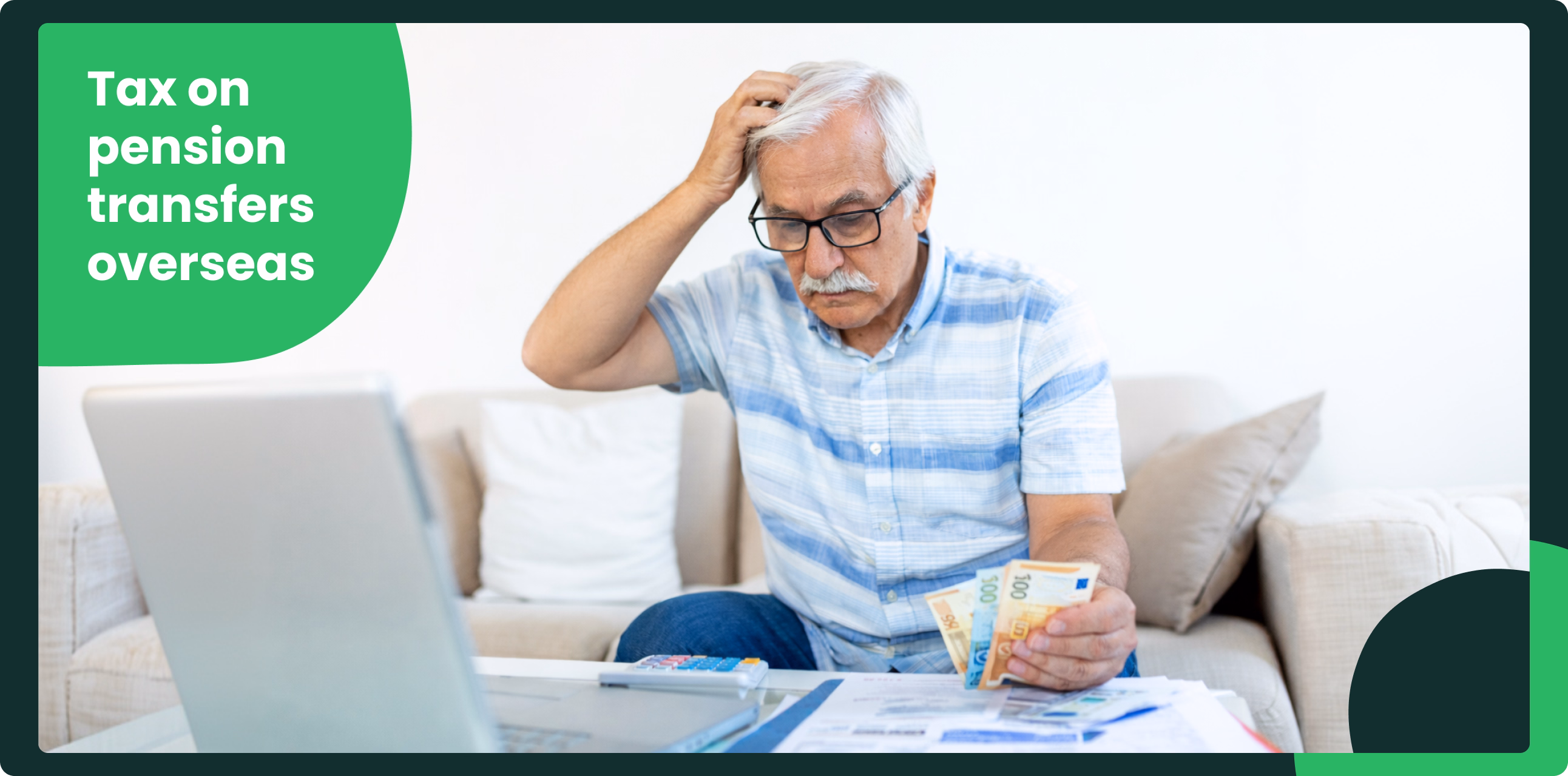 Elderly man scratching his head while holding euro banknotes and reviewing financial documents with a laptop and calculator at home