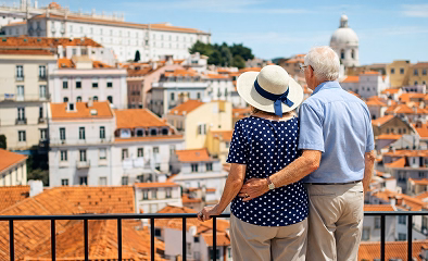 Retired British couple standing on a balcony overlooking Lisbon’s terracotta rooftops and historic landmarks in Portugal on a sunny day