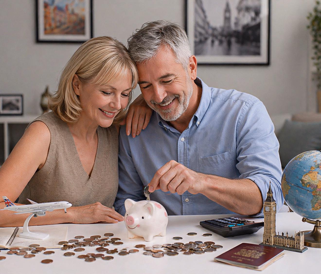 Smiling British couple planning finances, putting coins in a piggy bank with a globe, travel items, and calculator—symbolizing retirement and overseas pension planning.