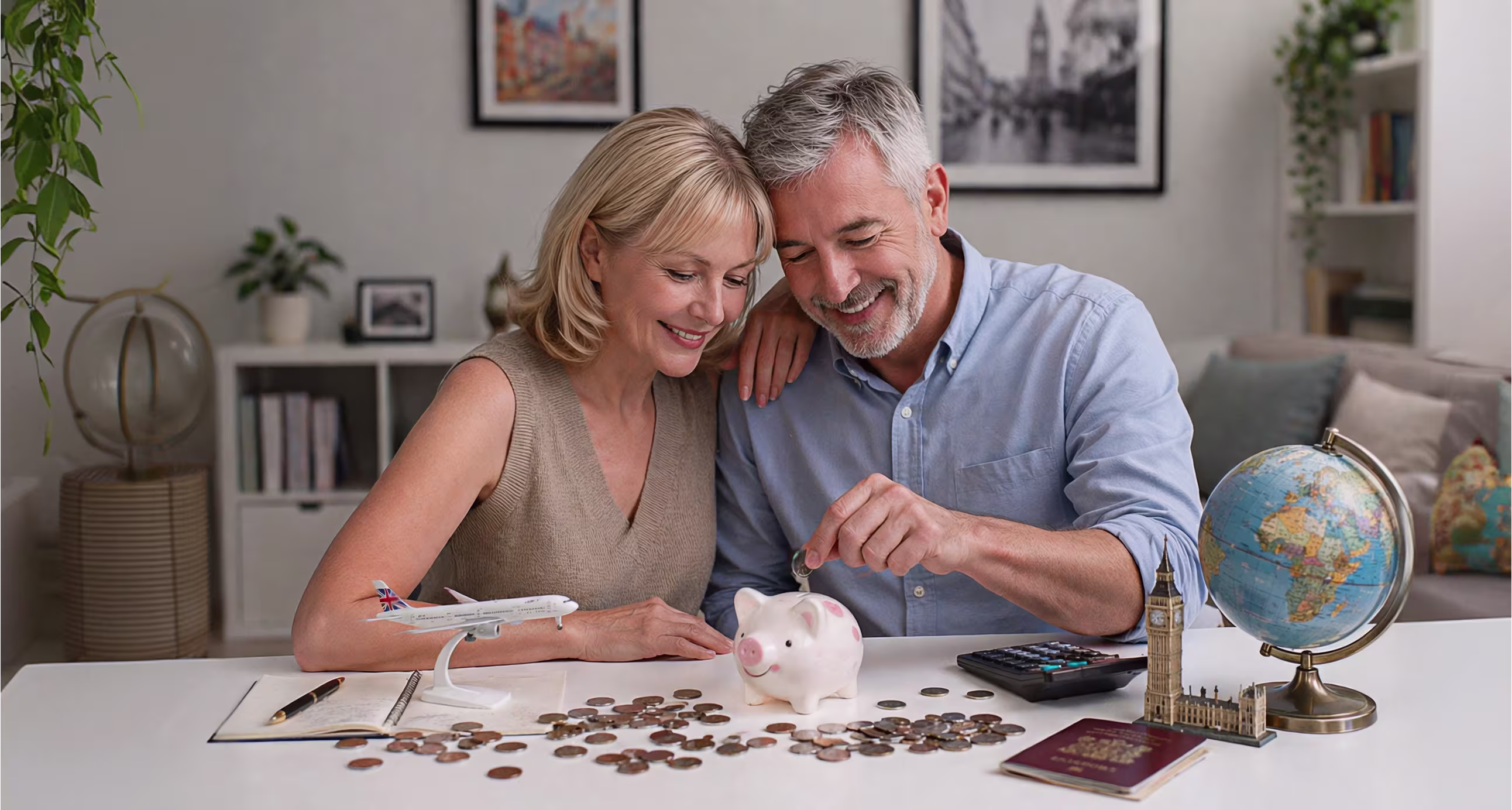 Smiling British couple planning finances, putting coins in a piggy bank with a globe, travel items, and calculator—symbolizing retirement and overseas pension planning.