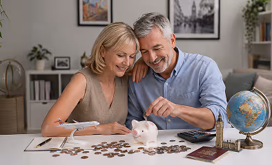 Smiling British couple planning finances, putting coins in a piggy bank with a globe, travel items, and calculator—symbolizing retirement and overseas pension planning.