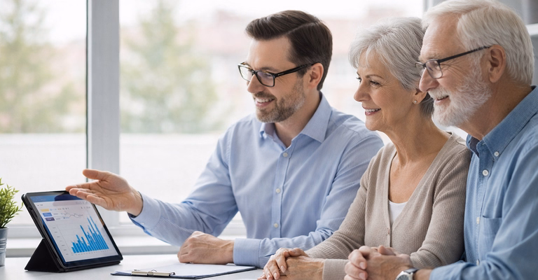 Financial adviser presenting investment data on a tablet to a couple during a retirement planning meeting.