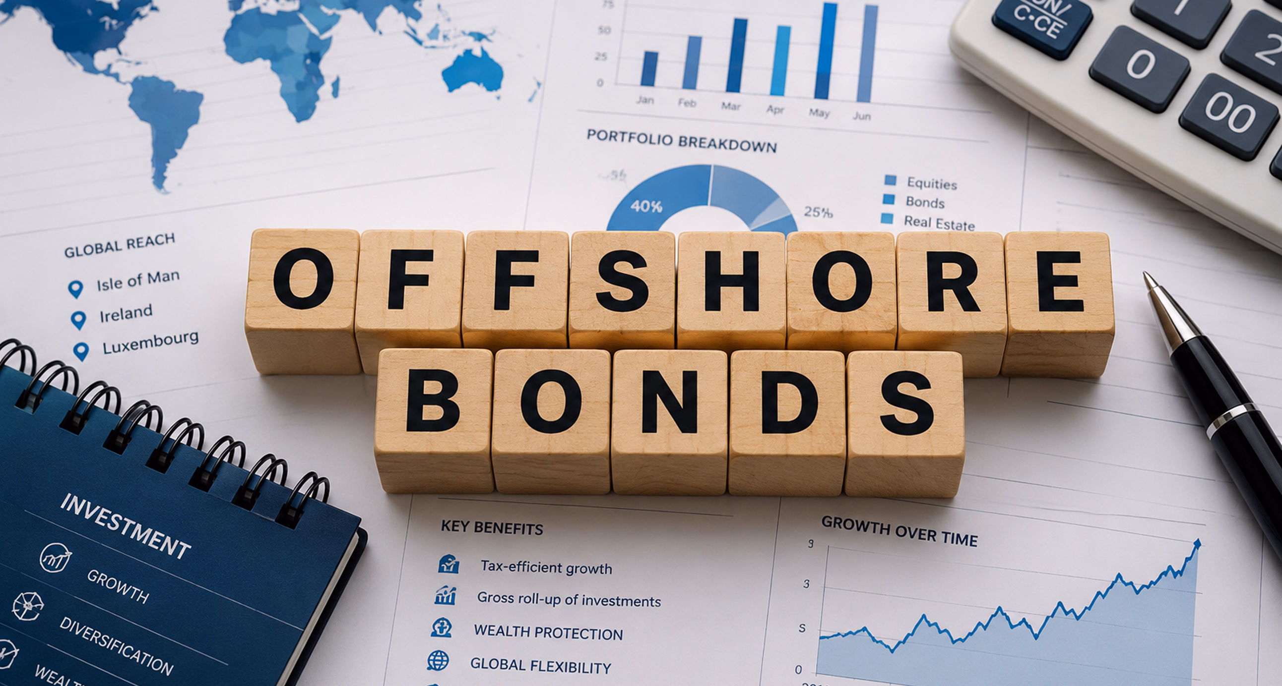 Wooden blocks spelling "Offshore Bonds" placed on financial reports with investment charts, calculator, and global wealth management documents.