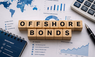 Wooden blocks spelling "Offshore Bonds" placed on financial reports with investment charts, calculator, and global wealth management documents.