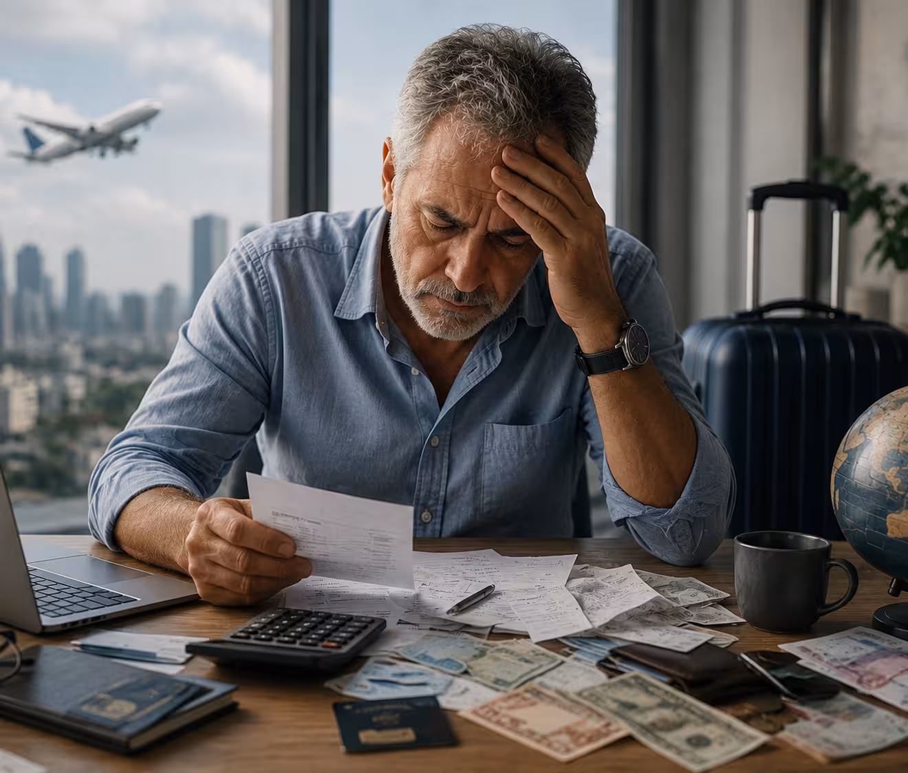 A stressed man over 50 reviewing financial documents, passports, and foreign currency while planning an international move.