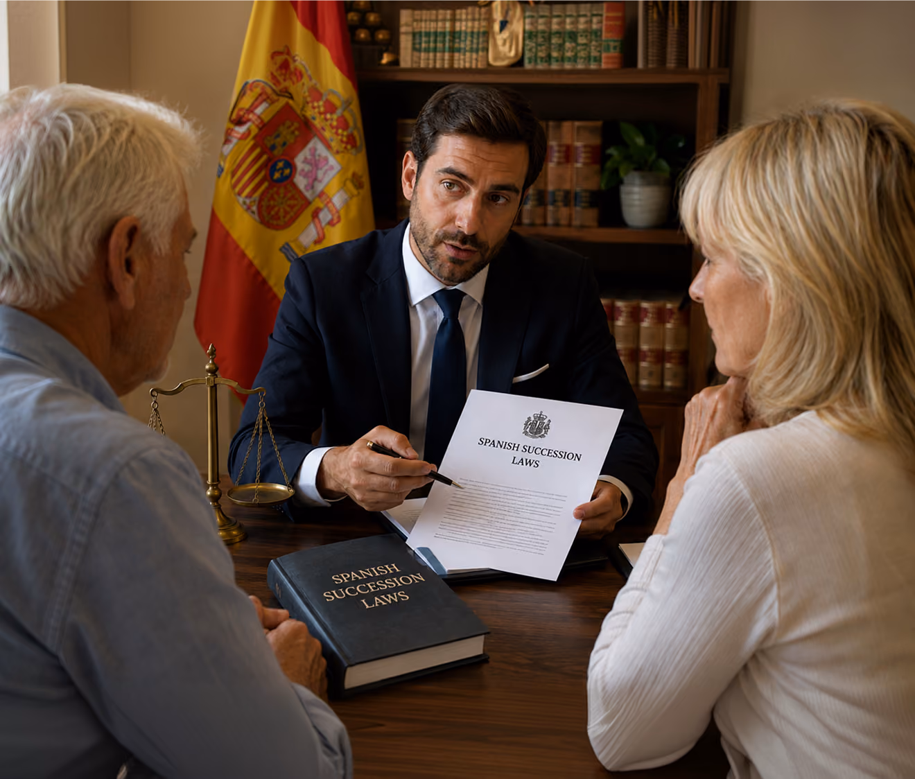 Spanish lawyer explaining succession laws to a British expat couple during a legal consultation in Spain, with Spanish legal documents, law books, and a Spanish flag in the background.