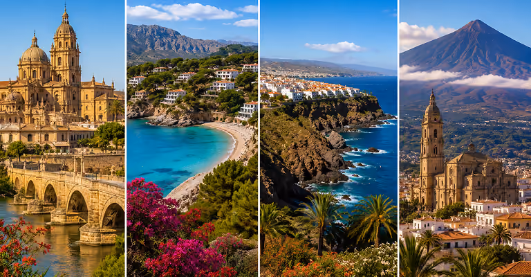 Horizontal grid showing four Spanish regions with distinct landscapes and architecture: Andalucía, the Balearic Islands, the Canary Islands, and Murcia.