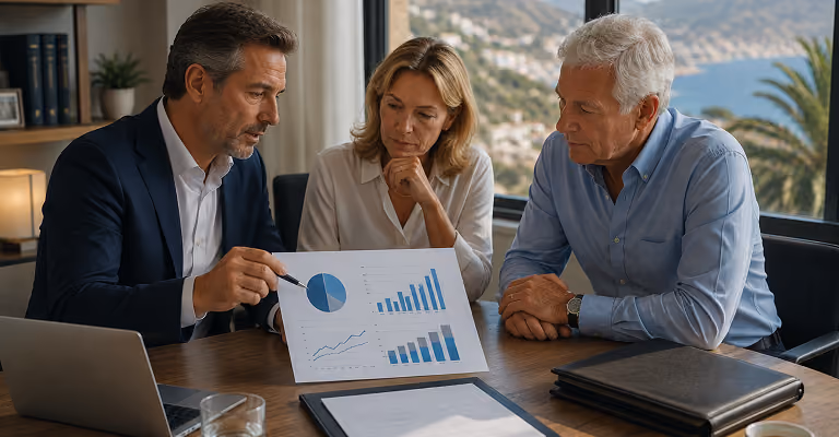 Financial planning consultation showing an adviser presenting investment charts to an expatriate couple, symbolising succession planning, international assets and tax-efficient investment structures.
