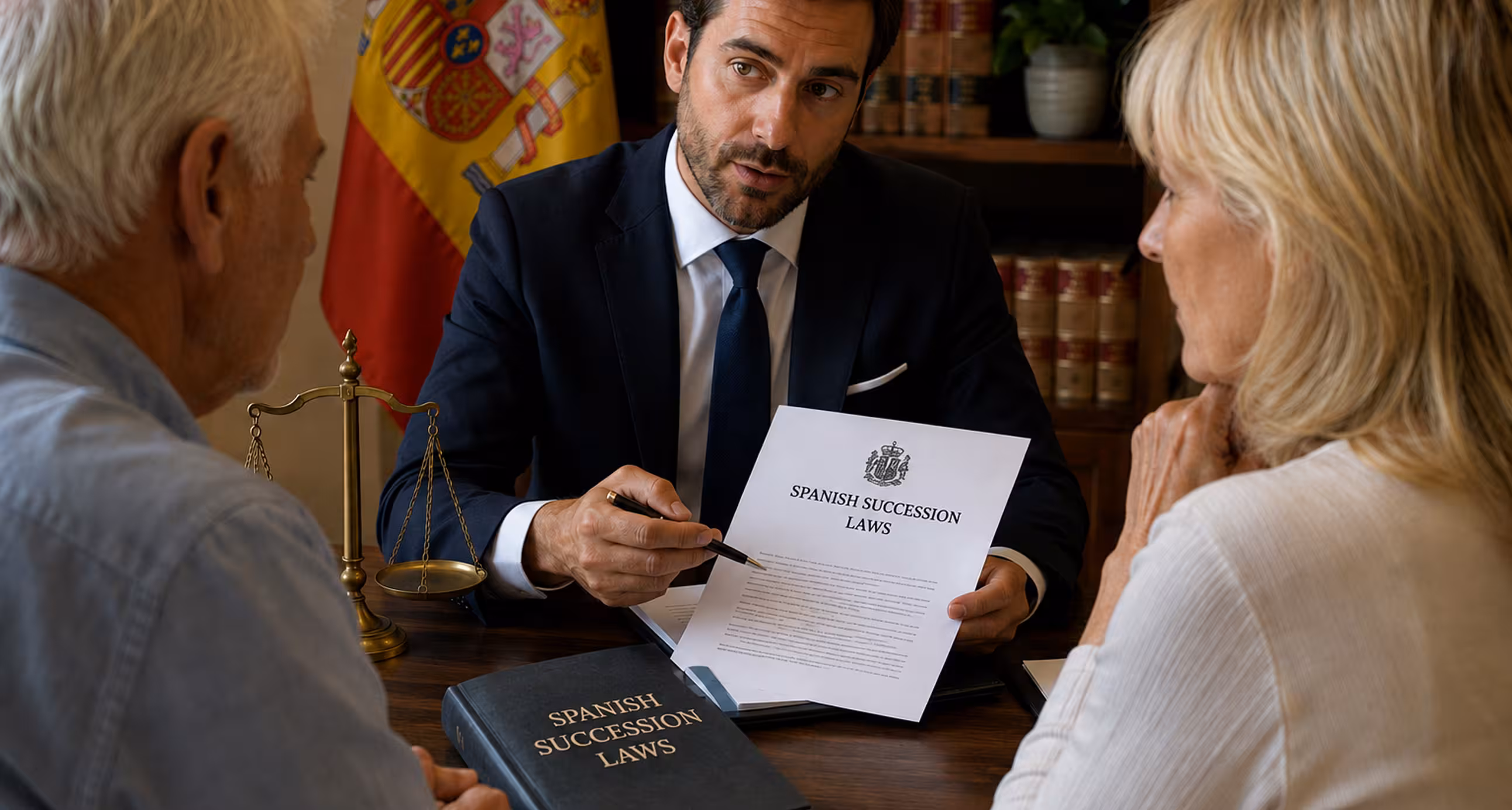 Spanish lawyer explaining succession laws to a British expat couple during a legal consultation in Spain, with Spanish legal documents, law books, and a Spanish flag in the background.