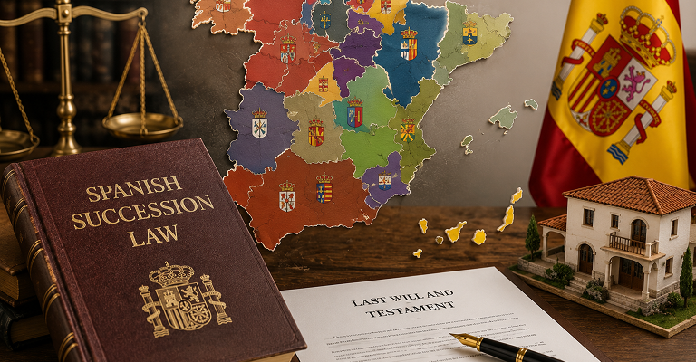 A photorealistic scene about Spanish inheritance law, showing a map of Spain divided into its autonomous regions alongside the Spanish flag, legal scales, a succession law book, a will, and a Spanish property, highlighting how inheritance rules can differ from one region to another.