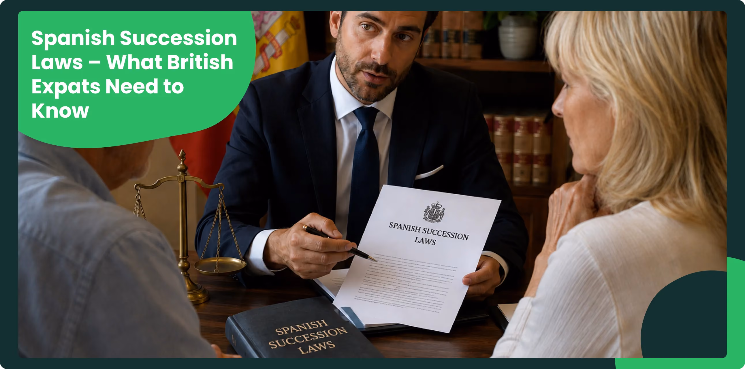 Spanish lawyer explaining succession laws to a British expat couple during a legal consultation in Spain, with Spanish legal documents, law books, and a Spanish flag in the background.
