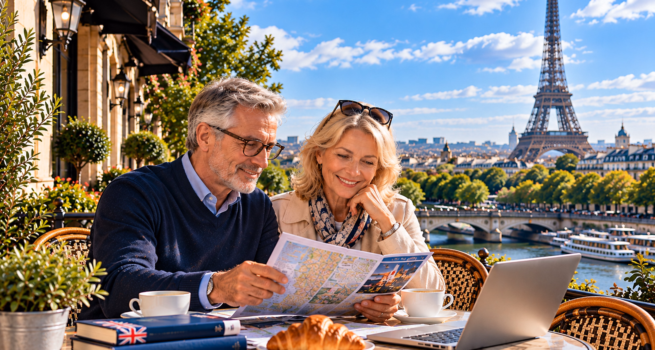 British couple discussing financial planning while living in France with the Eiffel Tower in the background