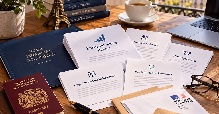 Financial advice documents and French expat paperwork arranged on a desk beside a British passport