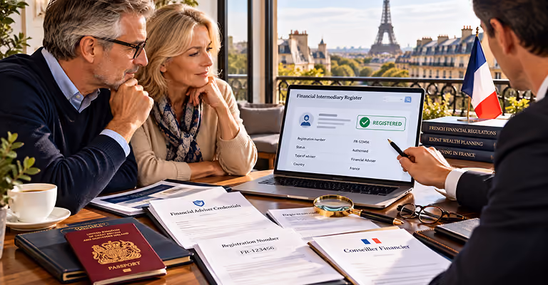 British couple checking a financial adviser’s registration and credentials in France