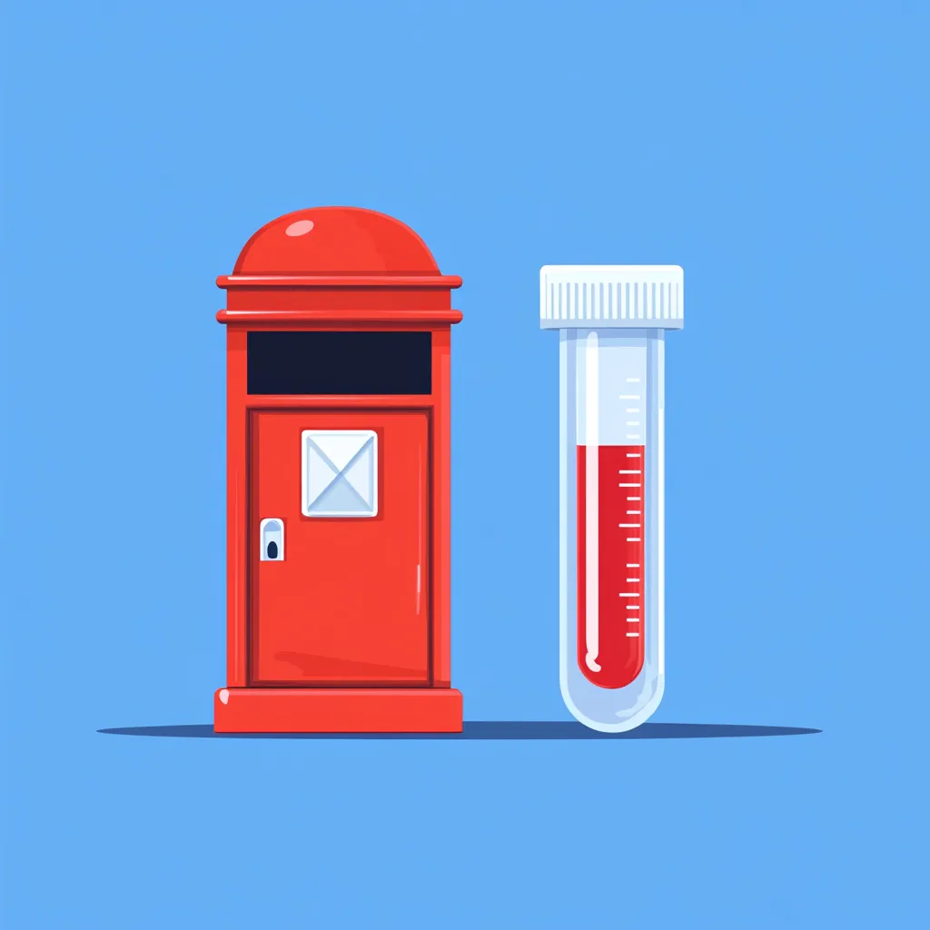 An illustration of a red post box beside a blood sample tube