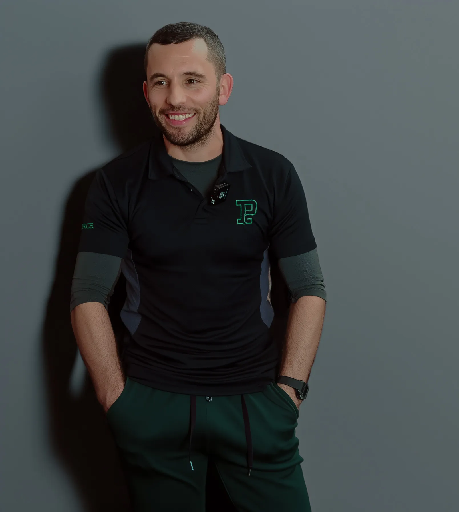 A smiling personal trainer in a black Performance Gym polo shirt
