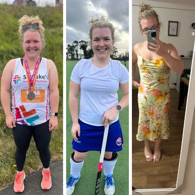 Three photographs of a patient during her weight loss journey: at a charity run, playing hockey, and in a summer dress
