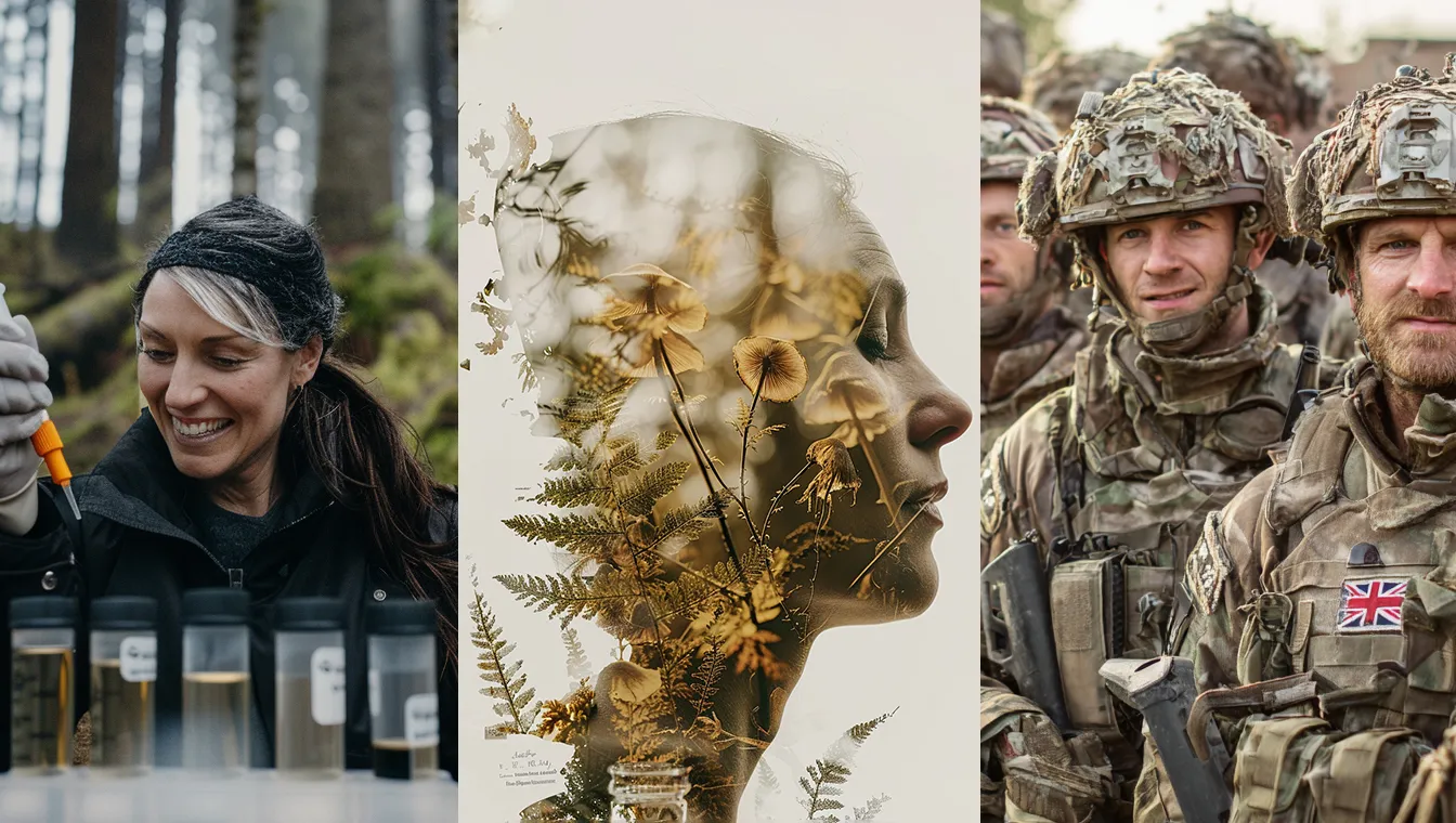 A collage of two women at an event, a head in profile filled with foliage, and soldiers on operations