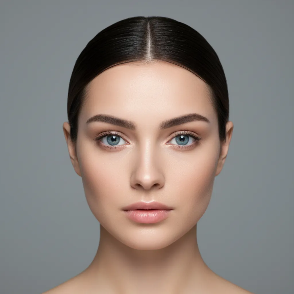 A young woman's face photographed straight on, cheeks full and jawline defined