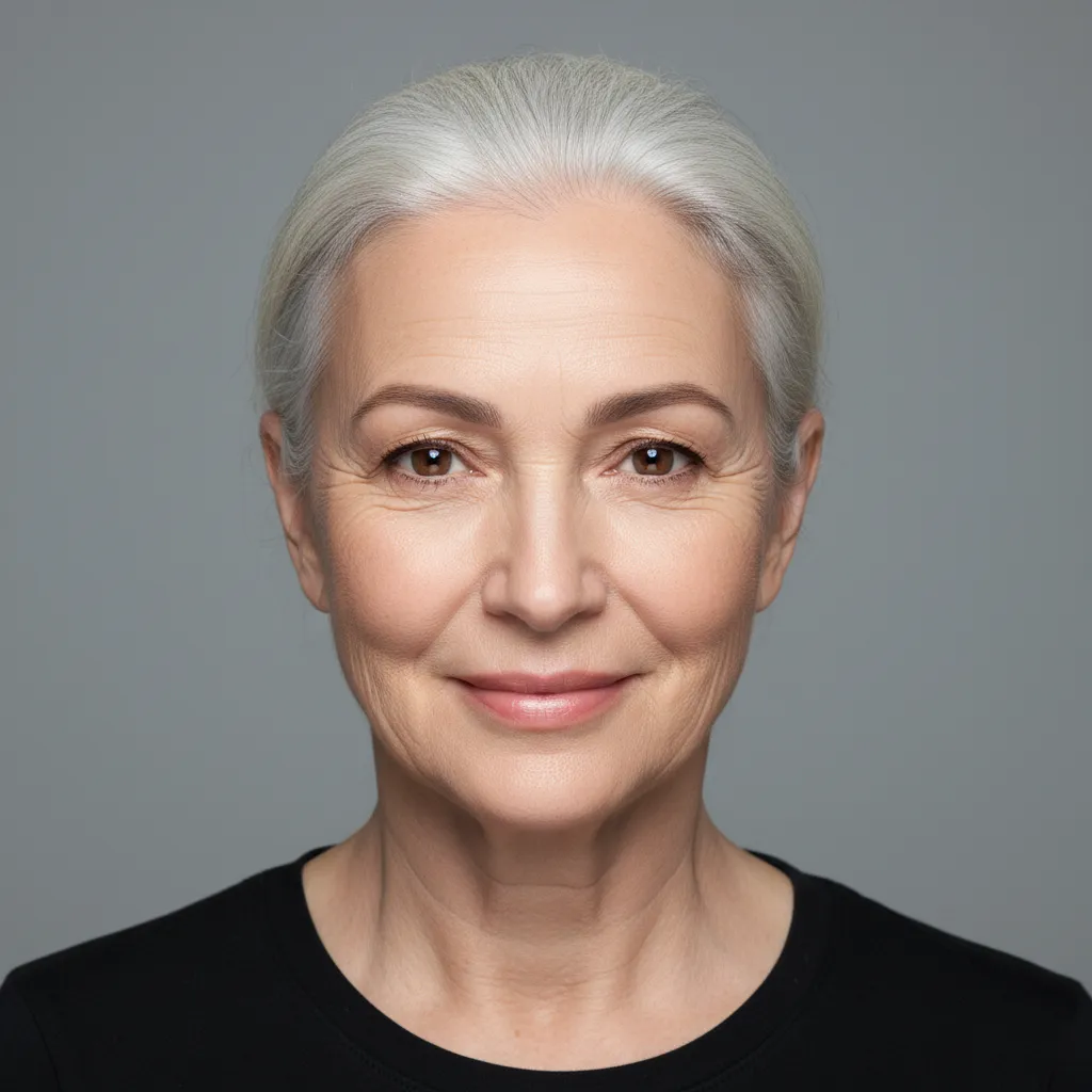 An older woman's face, smiling, with softer cheeks and fine lines around the eyes