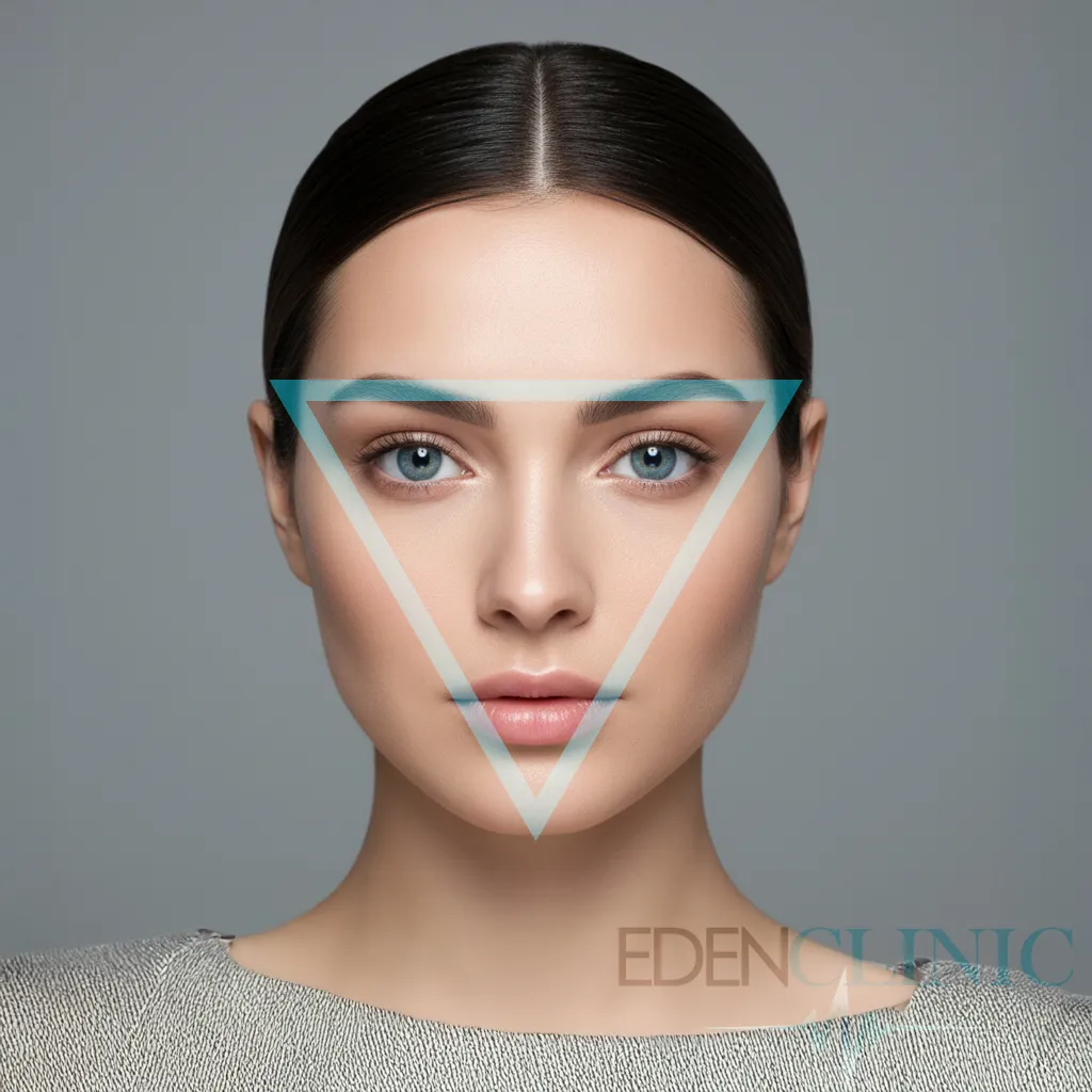 A young woman's face with a triangle drawn from the two cheekbones down to the chin, its widest edge at the top