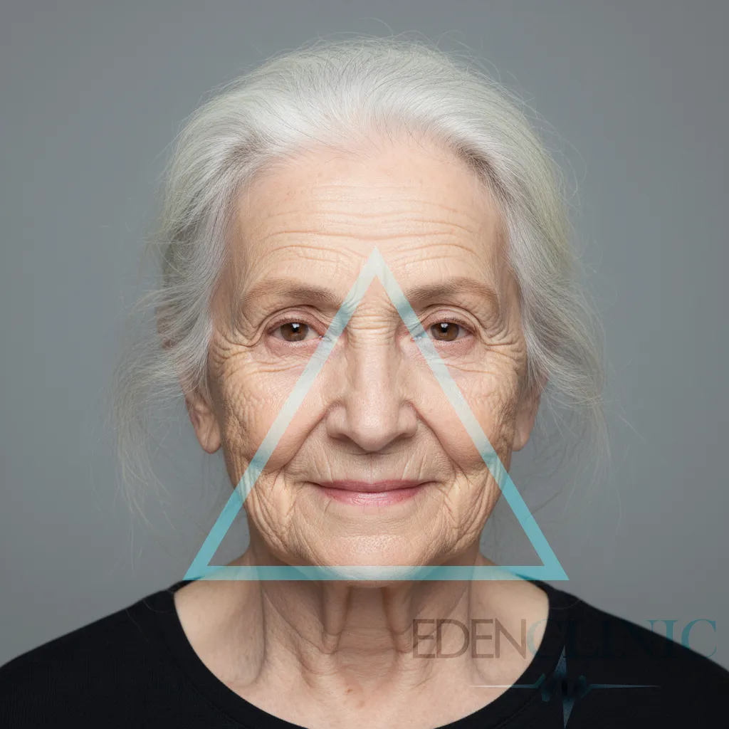 An older woman's face with the same triangle inverted, its widest edge now along the jawline