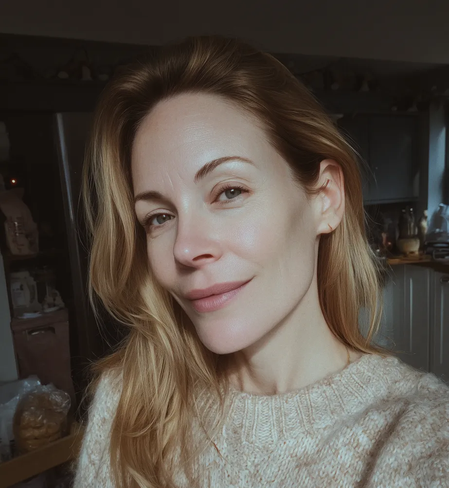 A woman in her forties standing in a kitchen, looking towards the camera