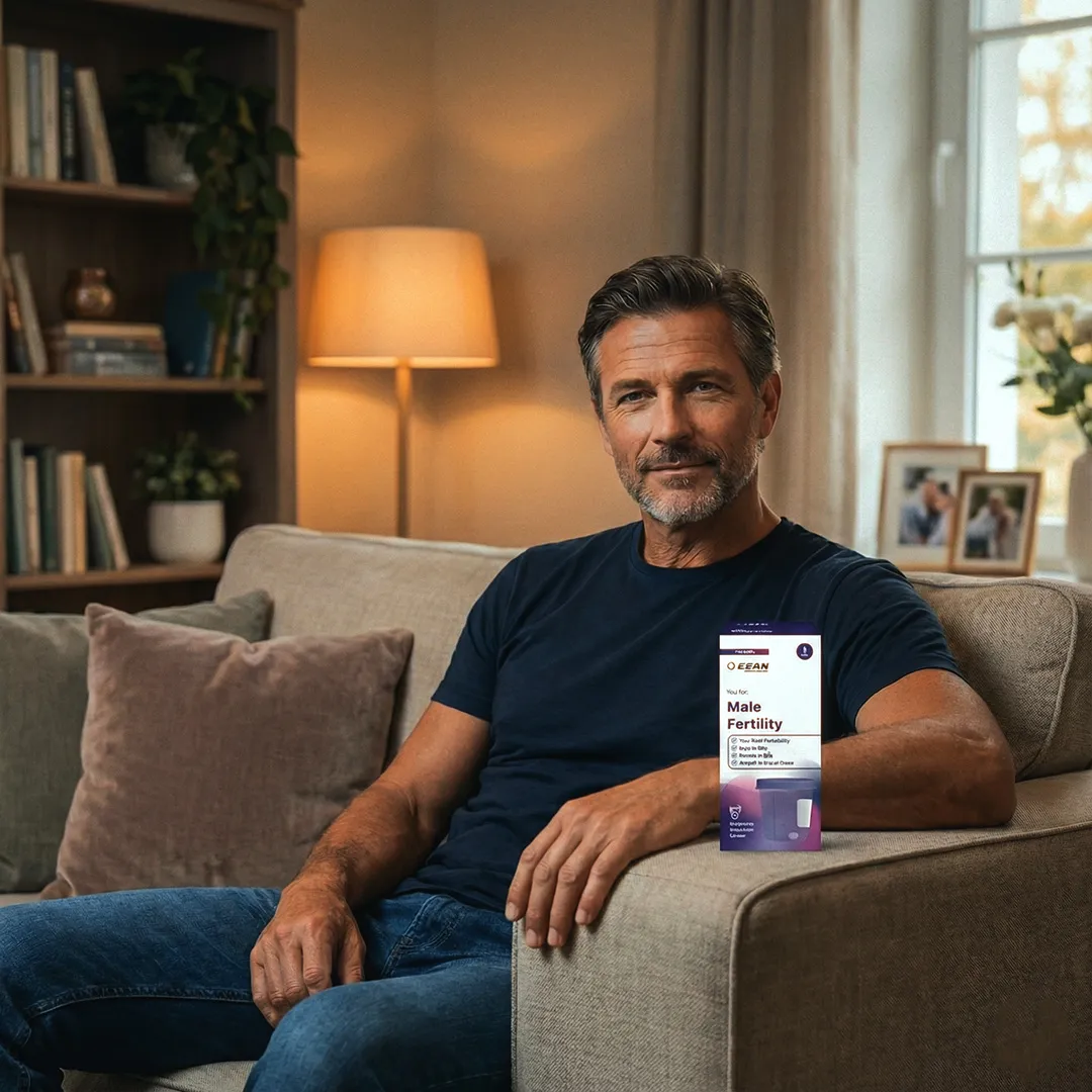 A man sitting on a sofa at home holding a male fertility home test kit