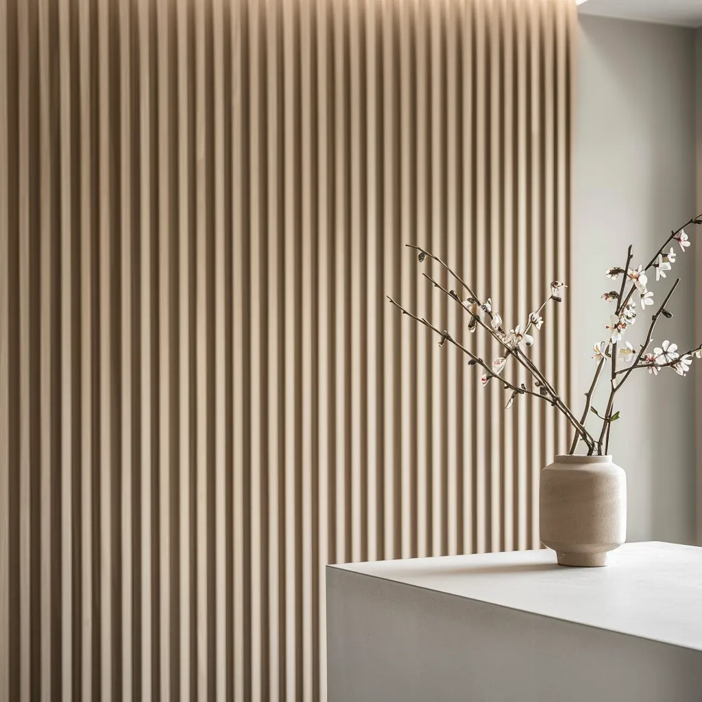 A slatted wood wall and a stone counter with blossom in a vase at Eden Clinic
