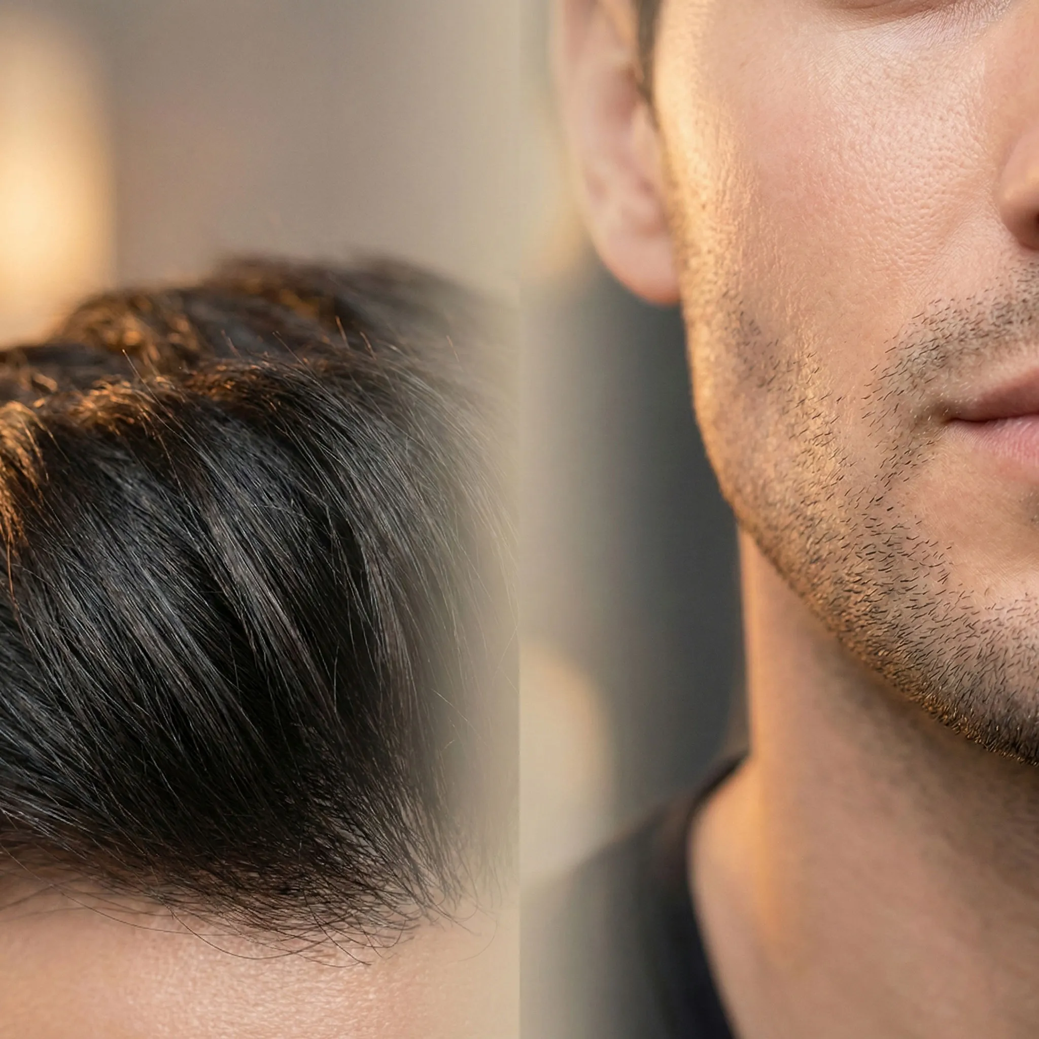 A close view of a man's hairline alongside a portrait of his face