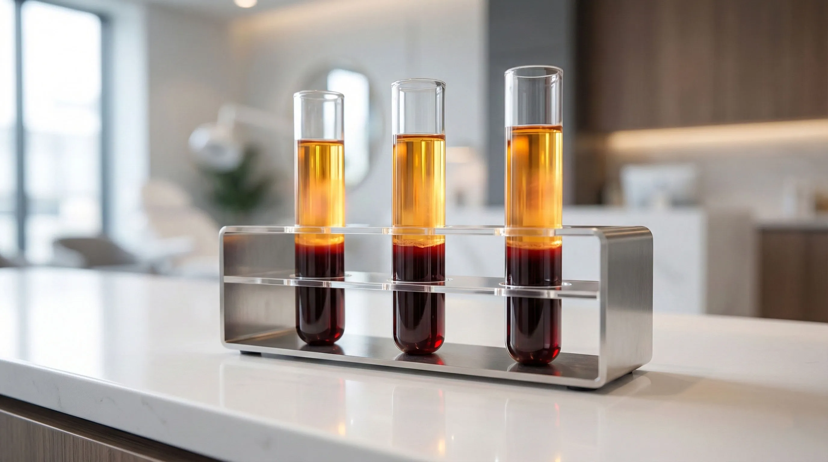 Three tubes of separated blood in a stand on a clinic counter, prepared for PRP treatment