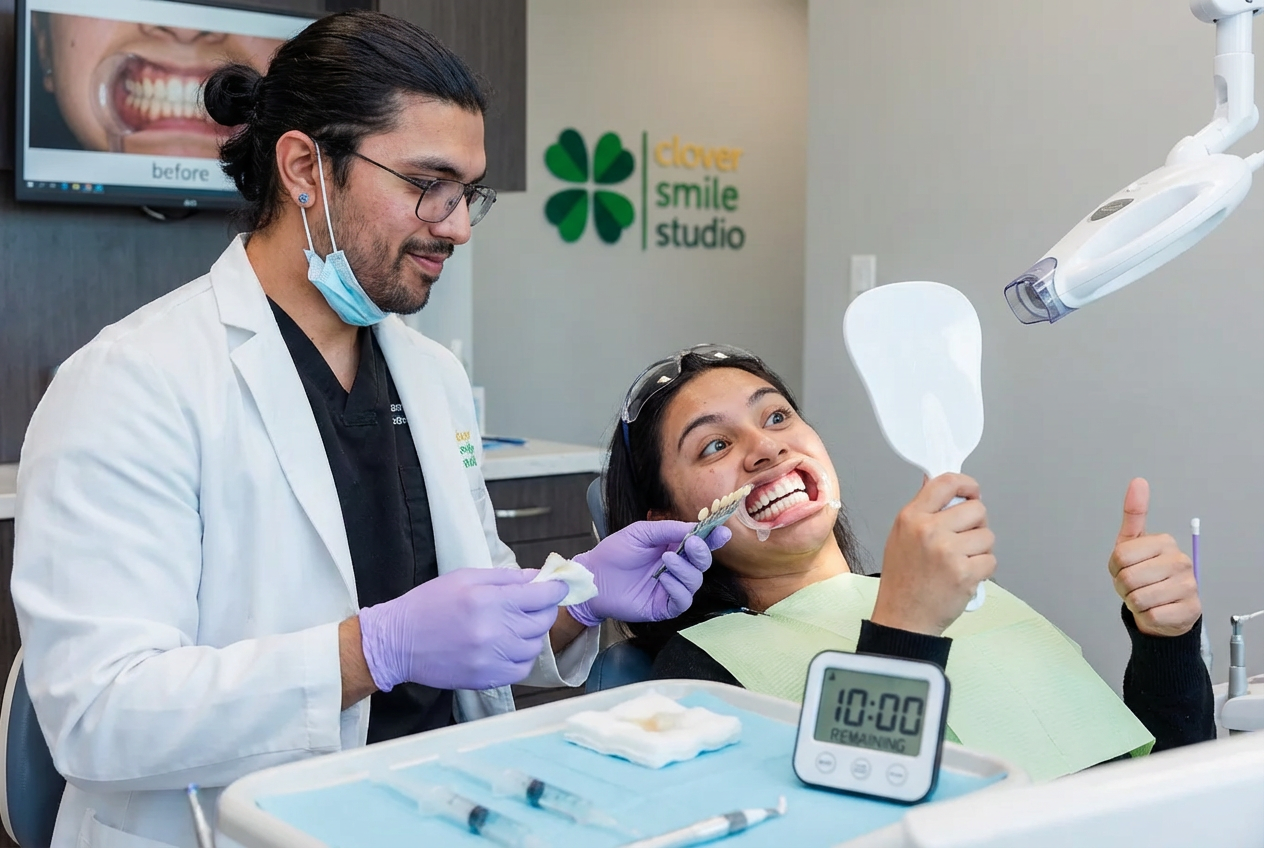 Young woman smiling with eyes closed and hands on her cheeks, showing healthy teeth and glowing skin — symbolizing confidence after dental or skincare treatment.