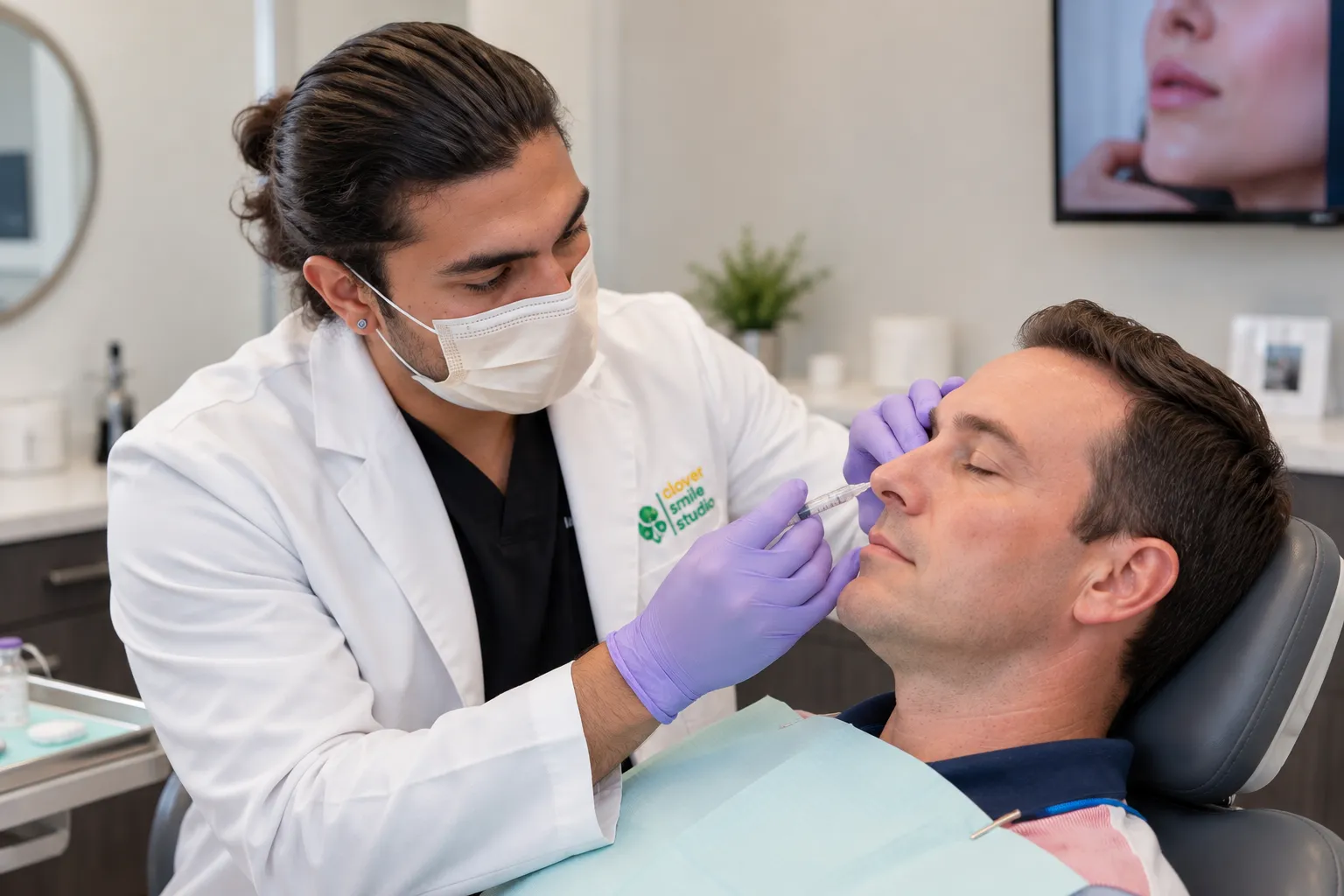 Dentist carefully administering a facial esthetic treatment to a female patient reclining comfortably in a treatment chair.