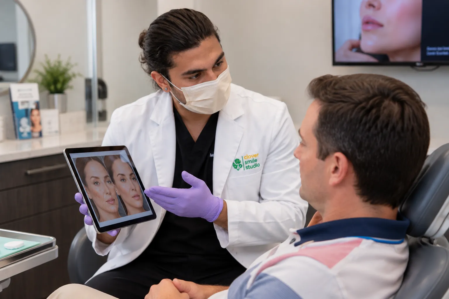 Dentist wearing a face mask discussing facial esthetic treatment options with a male patient while showing facial images on a tablet.