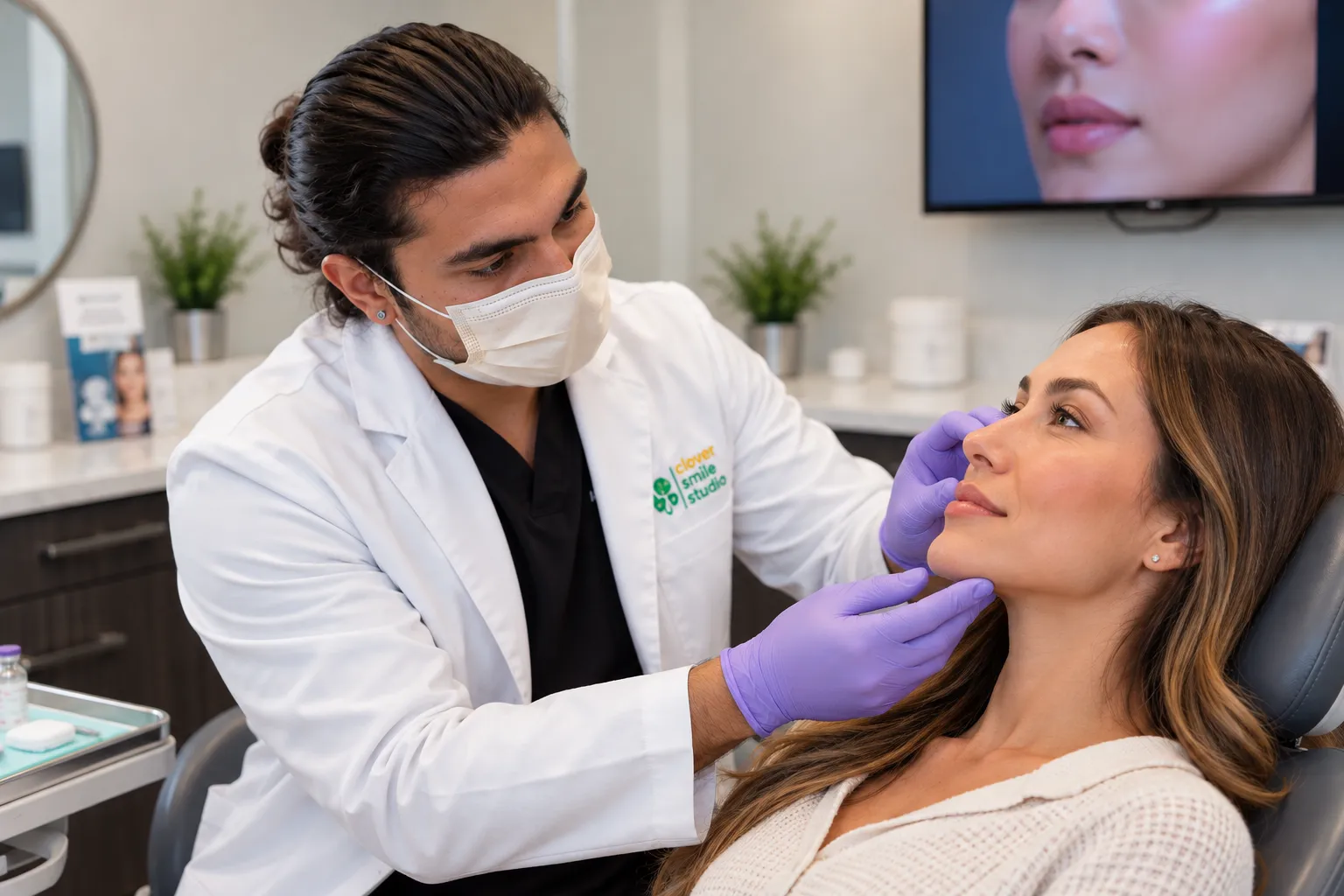 Dentist wearing a face mask and purple gloves gently examining a female patient's face during a facial esthetics consultation at Clover Smile Studio.