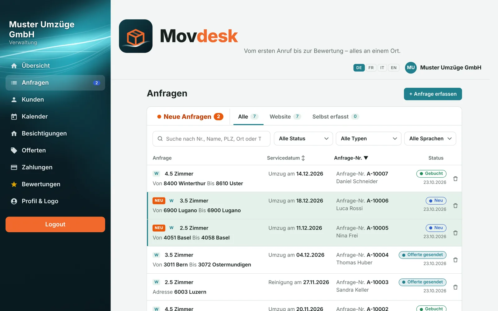Schritt 2: Die Anfragen-Übersicht in Movdesk