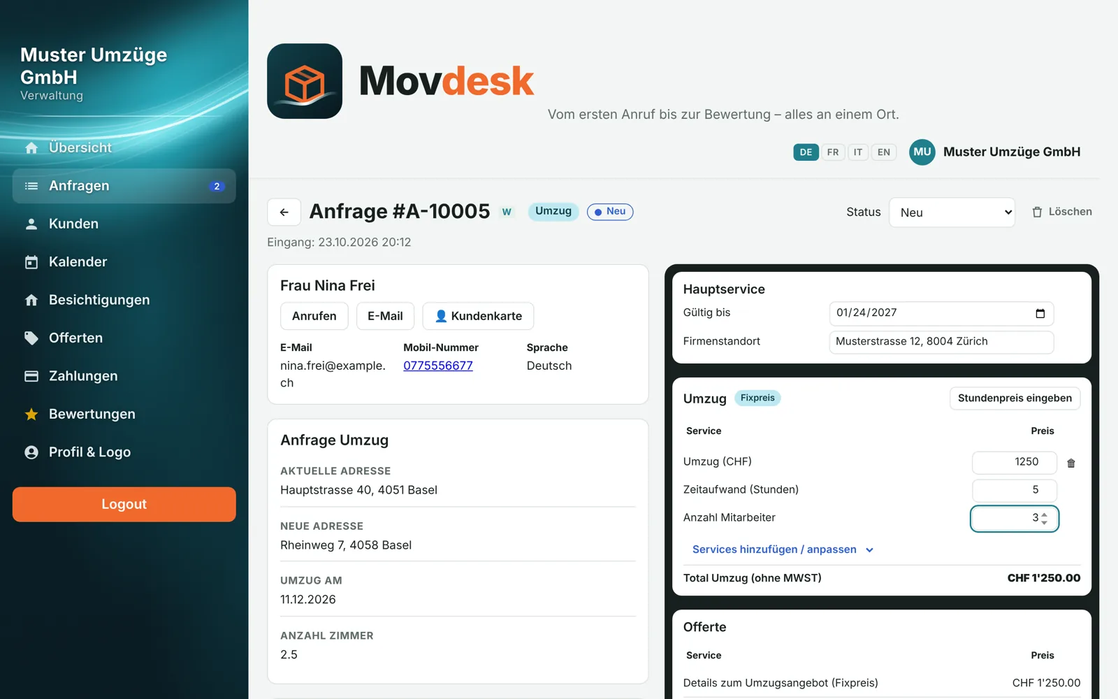 Schritt 3: Eine Offerte in Movdesk erstellen