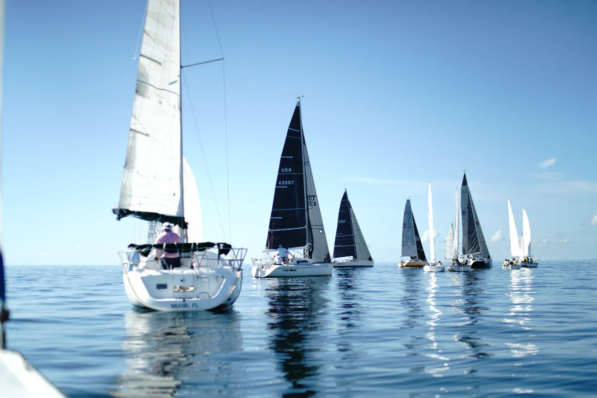 A fleet of sailboats lined up on the water under a clear sky