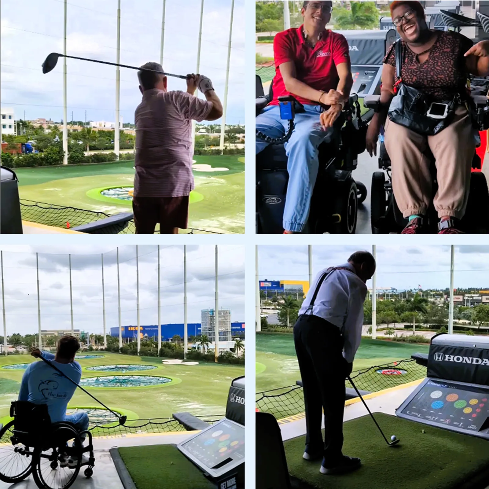 Four photos of a golf tournament, including a player driving from a wheelchair