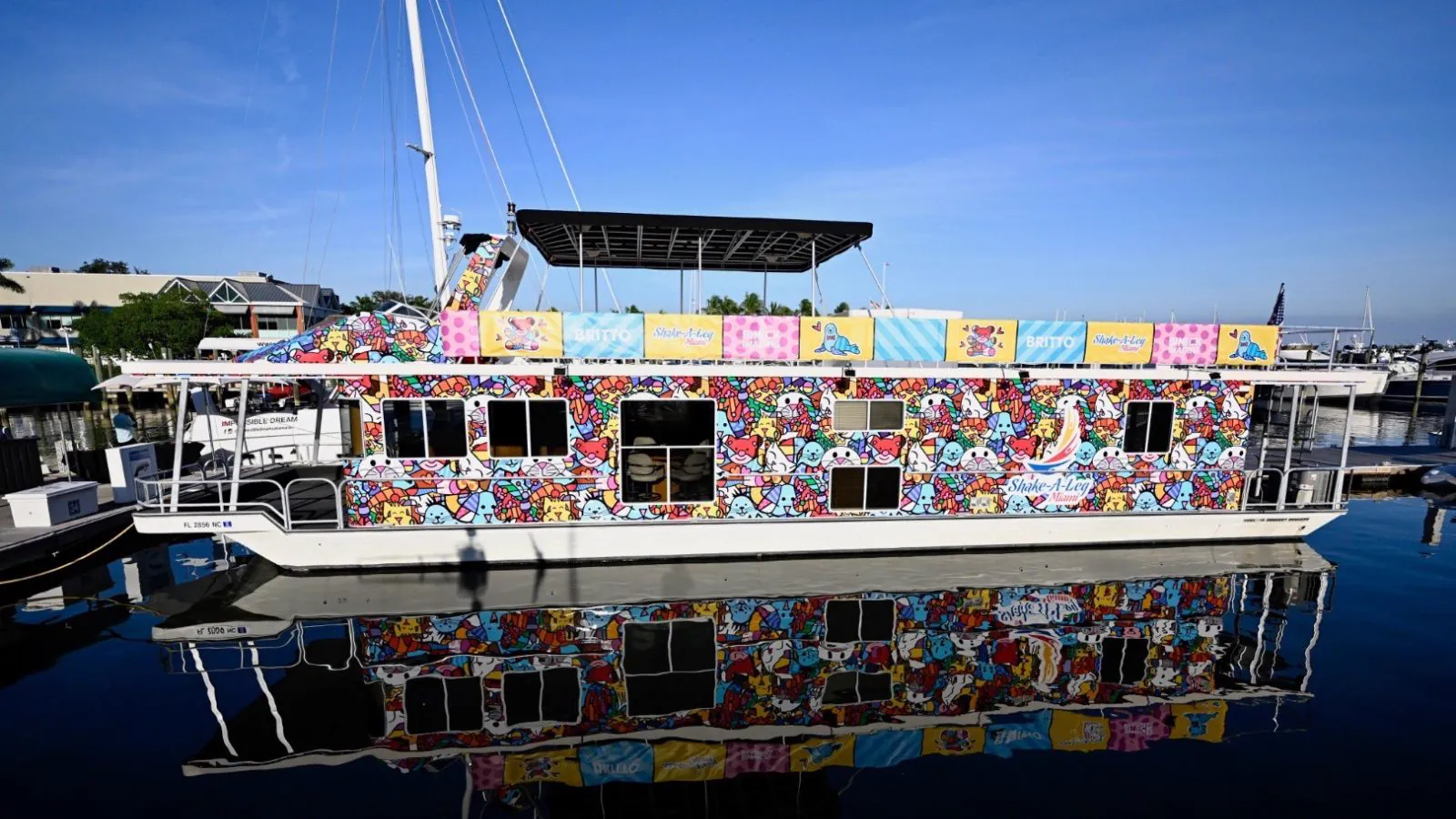 A pontoon boat painted end to end in bright Britto artwork at the dock