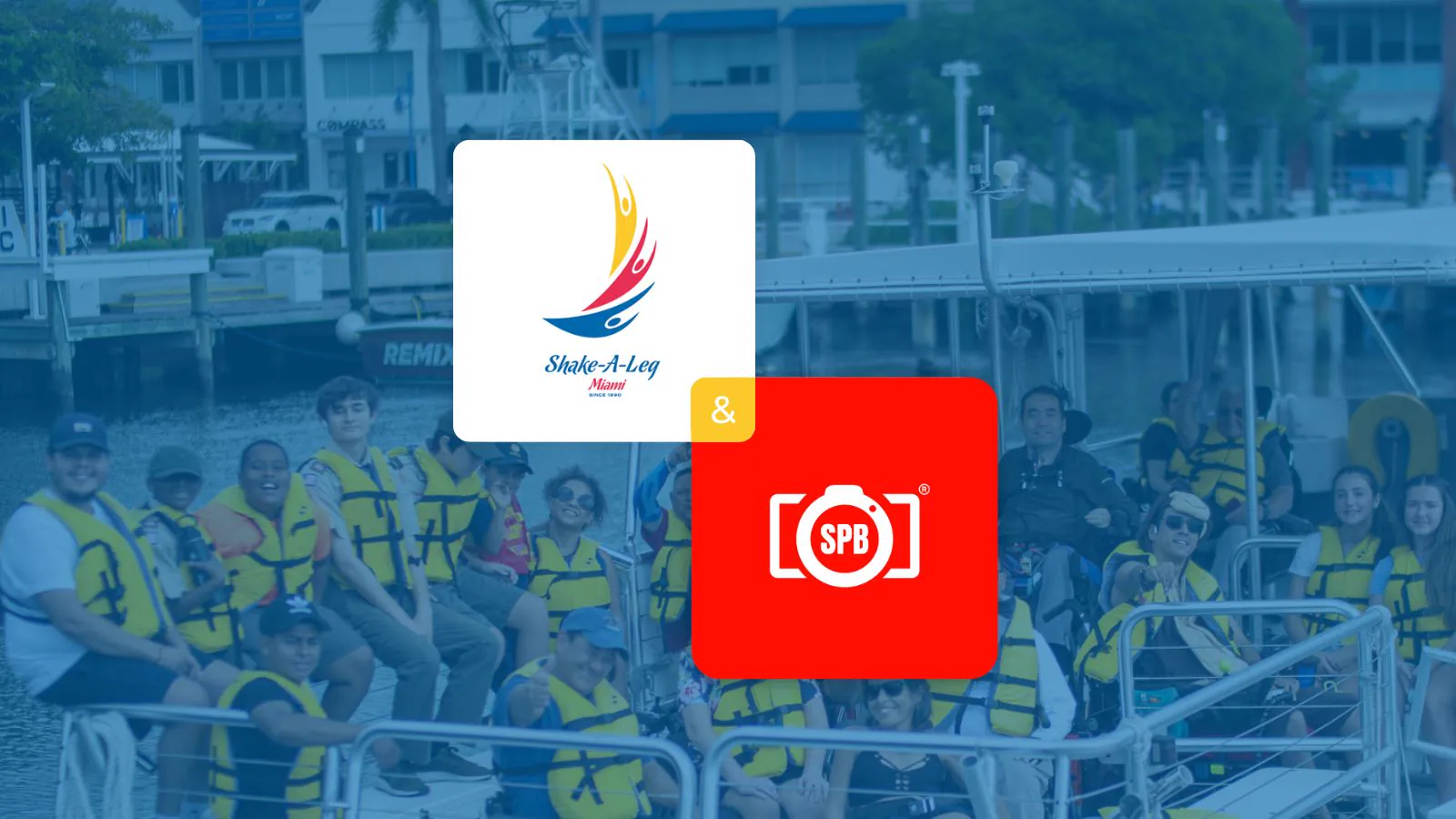 Shake-A-Leg Miami and photo booth logos over a photo of campers in life vests